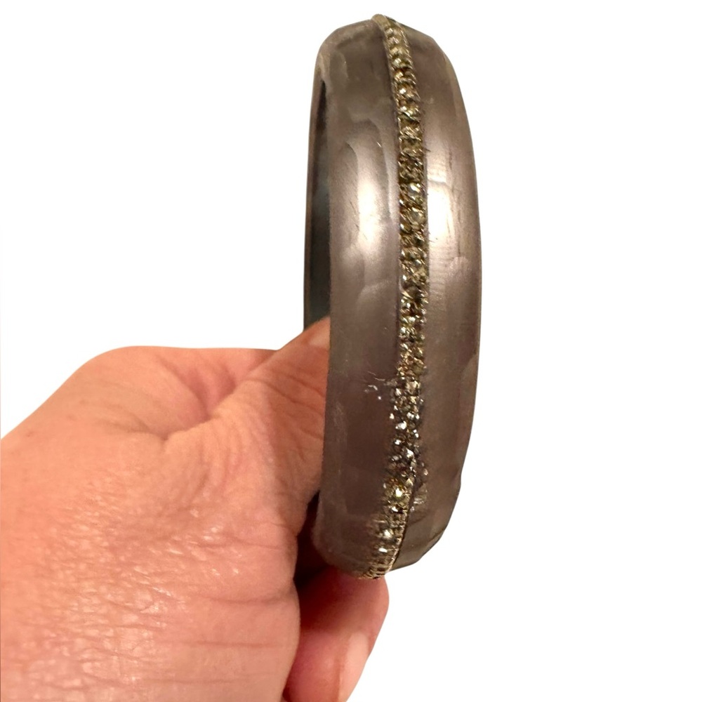Vintage Alexis Bittar lucite bangle in a smoky silver grey with crystals. EUC